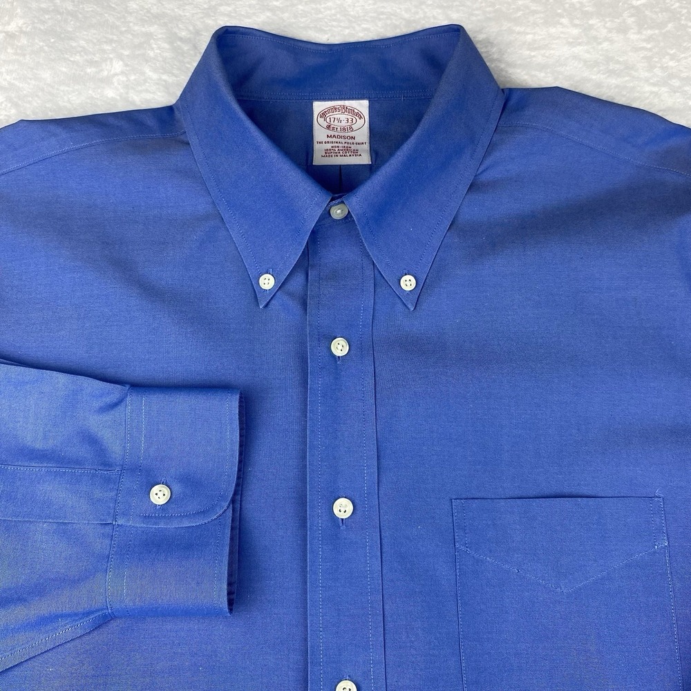 Brooks Brothers Dress Shirt Mens 17.5-33 Blue Madison Fit Non Iron